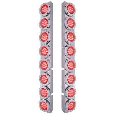 United Pacific Stainless Rear Air Cleaner Bracket With 16X 9 LED 2" Lights & Bezels For Peterbilt- Red LED/Red Lens