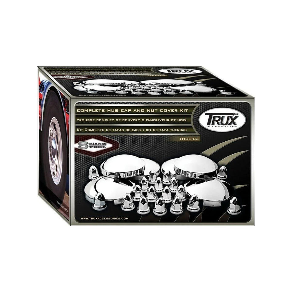 Trux Complete Hubcap & Nut Cover Kit – 33mm Push On Nut Covers | Dome Hubcaps | Stainless Steel