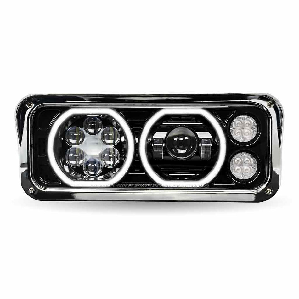BLACK UNIVERSAL LED PROJECTOR HEADLIGHT ASSEMBLY WITH AUXILIARY HALO RINGS & HOUSING BUCKET - DRIVER SIDE- H122