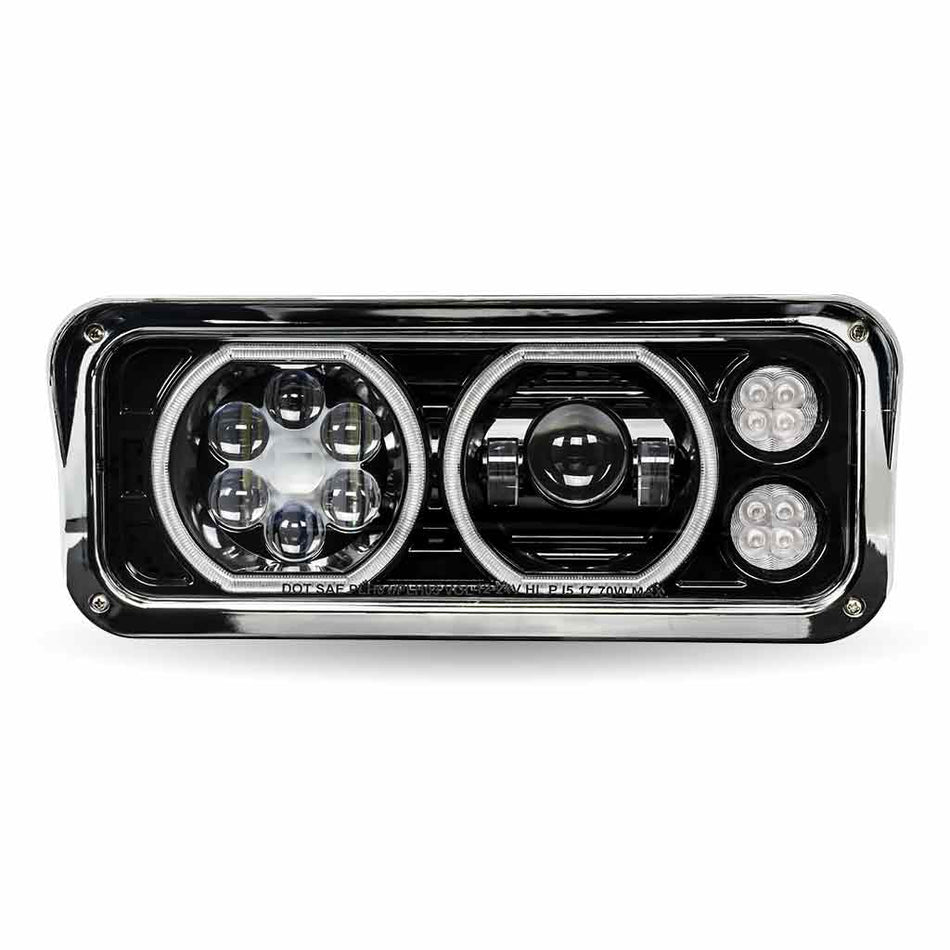BLACK UNIVERSAL LED PROJECTOR HEADLIGHT ASSEMBLY WITH AUXILIARY HALO RINGS & HOUSING BUCKET - DRIVER SIDE- H122