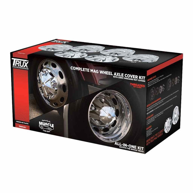 Trux COMPLETE CHROME ABS PLASTIC MAG WHEEL AXLE & NUT COVER KIT
