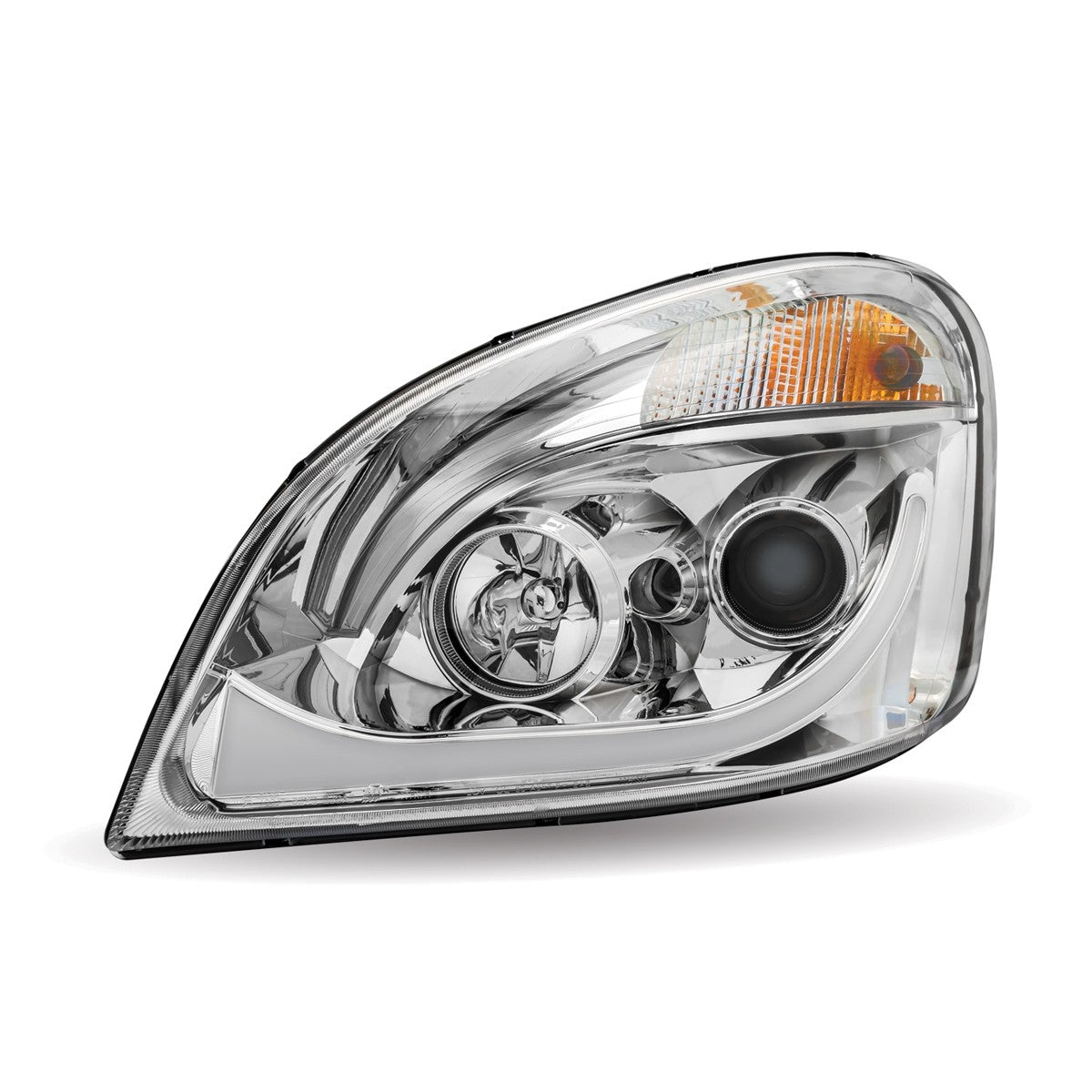CHROME FREIGHTLINER CASCADIA LED PROJECTOR HEADLIGHT ASSEMBLY WITH DUAL FUNCTION LED STRIP - DRIVER SIDE