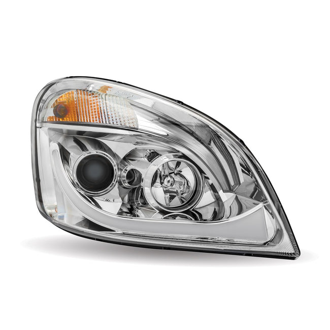 CHROME FREIGHTLINER CASCADIA LED PROJECTOR HEADLIGHT ASSEMBLY WITH DUAL FUNCTION LED STRIP - PASSENGER SIDE